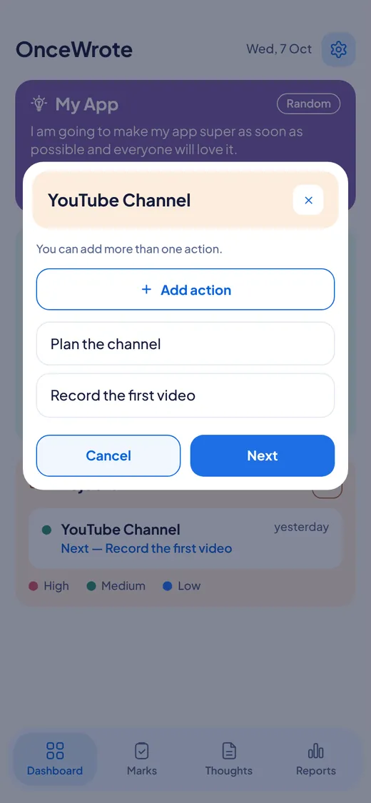 A list of actions with an Add action button.
