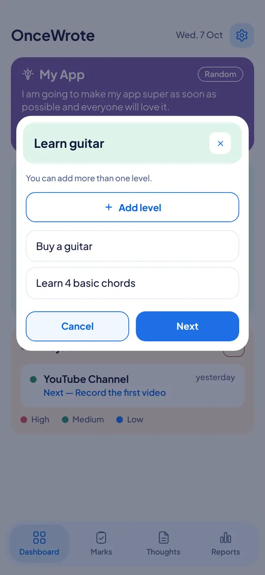 A list of levels with an Add level button. Buy a guitar and Learn 4 basic chords are added so far.