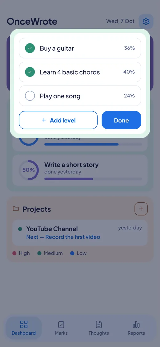 A mission with three levels and their shares: Buy a guitar 36 percent, Learn 4 basic chords 40 percent and Play one song 24 percent.