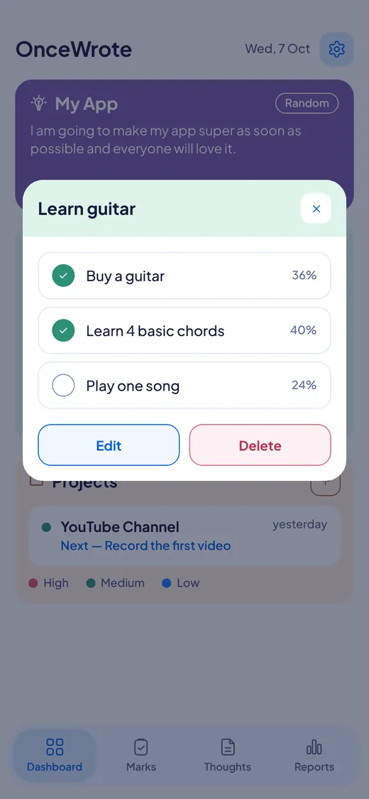 The Learn guitar mission open on a phone. Buy a guitar and Learn 4 basic chords are ticked. Play one song is not.