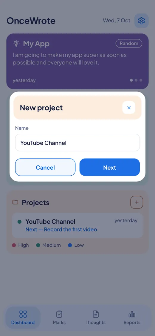 The New project popup with one box for the name.