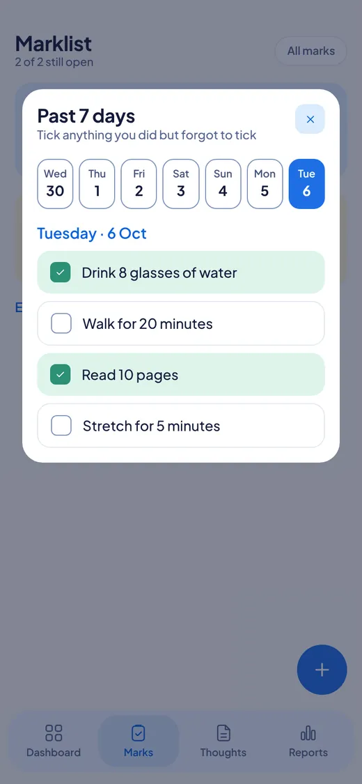 A popup with seven day buttons and a list of marks to tick for the chosen day.