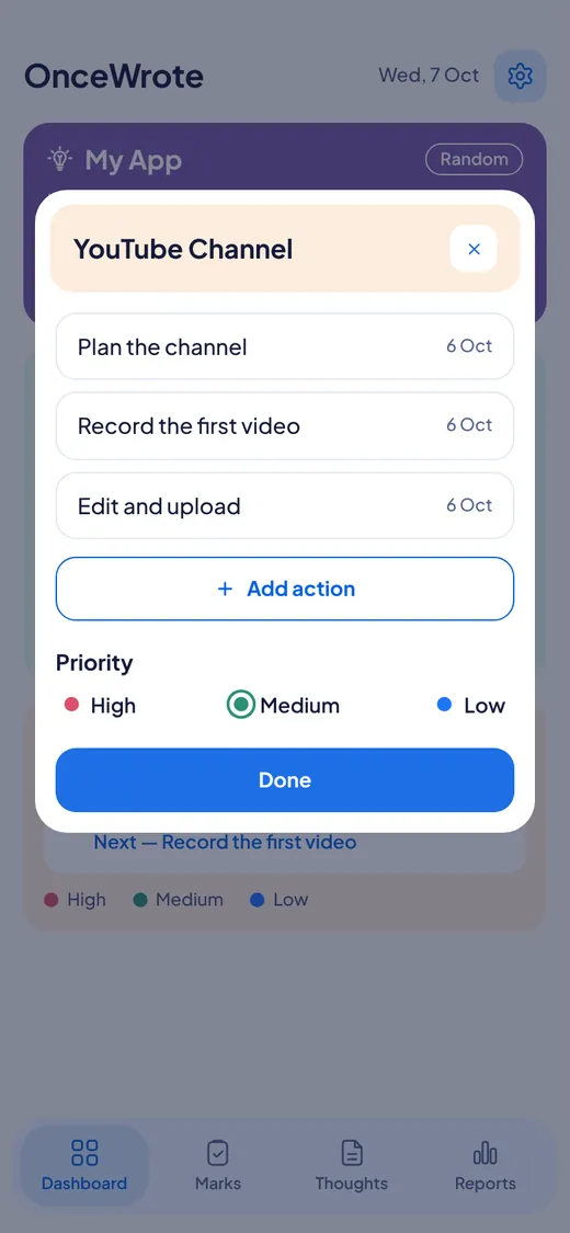 A project in edit mode with an Add action button and High, Medium and Low priority choices.