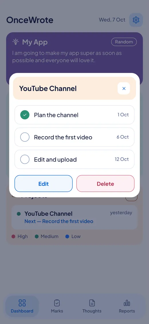 The YouTube Channel project open on a phone. Plan the channel is ticked. Record the first video and Edit and upload are not yet ticked.